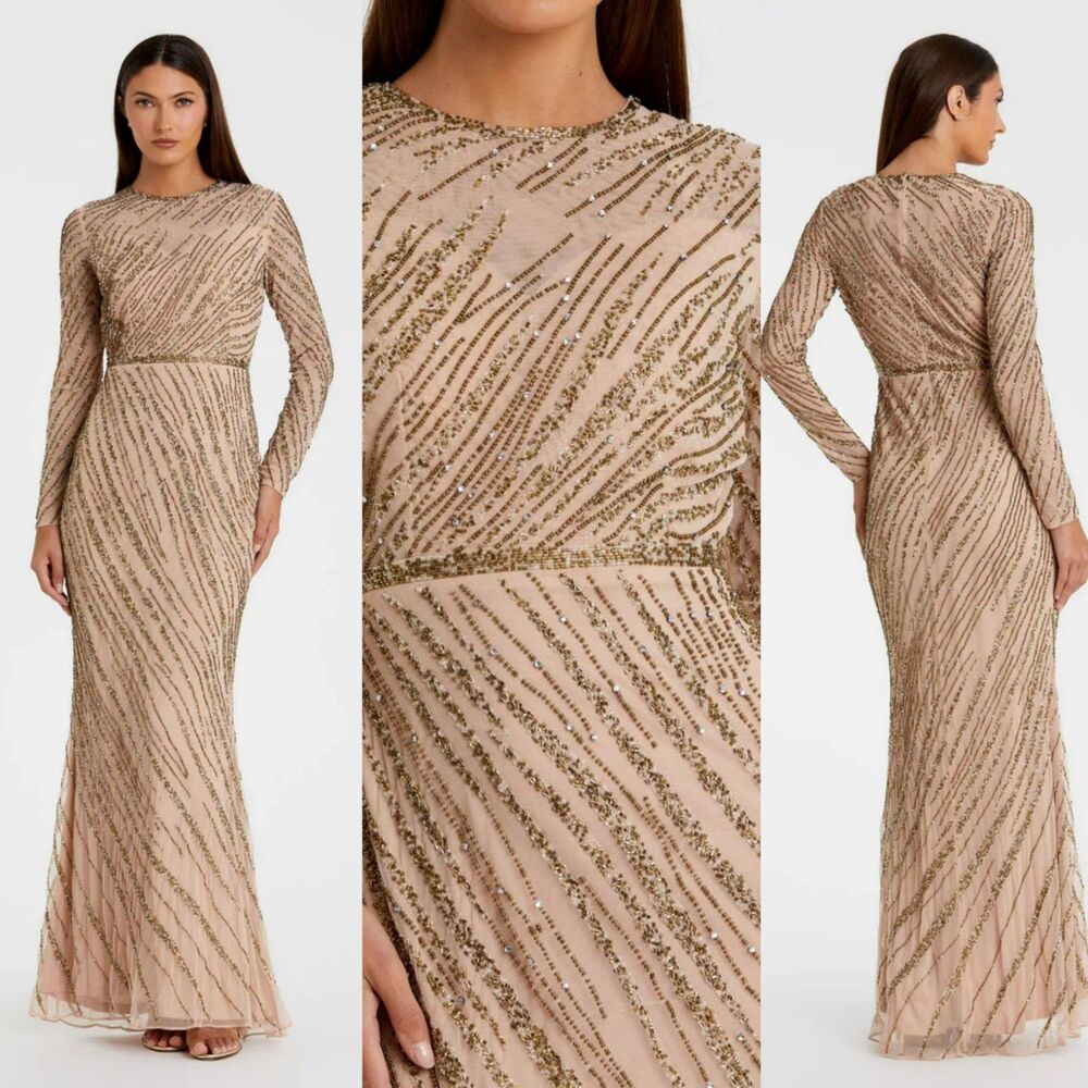 Mac Duggal Mocha Long Sleeve Beaded Column Gown Size 12 Maxi Dress 5240 New